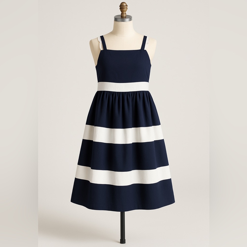Vintage Hartstrings Girls Navy/white Striped Cotton Party Dress, 10, MSRP $89